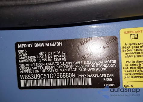 2016 BMW M4 из США, поврежденный, VIN WBS3U9C51GP968809